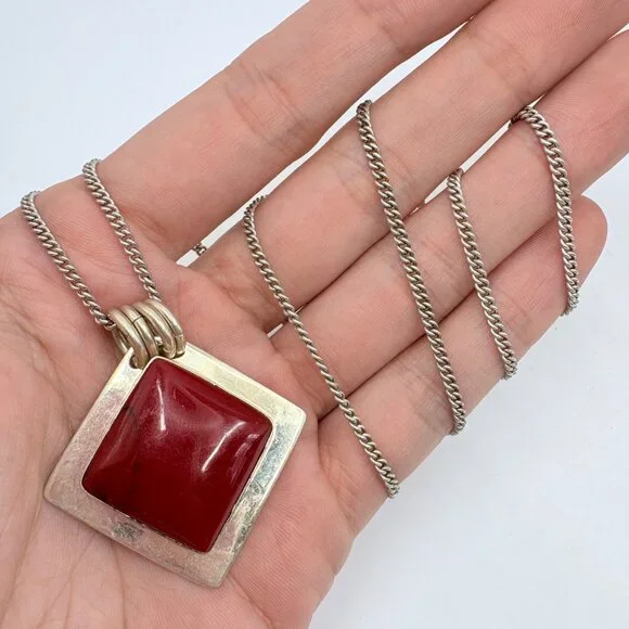 Jasper Bezel Set Pendant Necklace VTG Sterling Silver 925 Size 24 Length